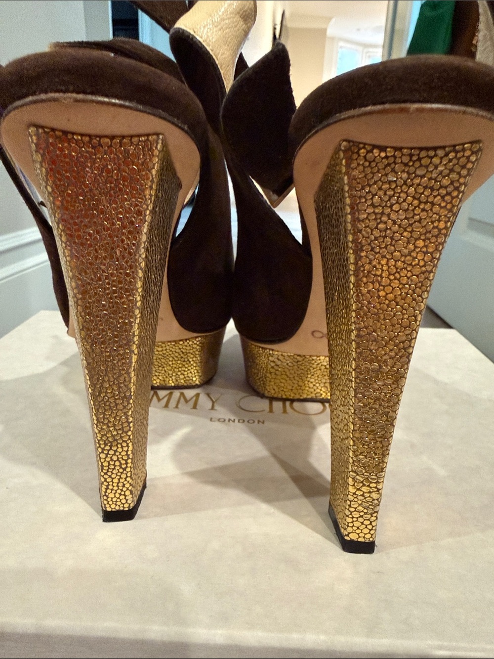 Jimmy Choo Dark Brown Suede Peep-Toe Wedge Sandals